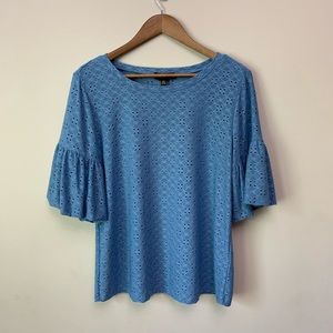 Melissa Paige Blue Bell Bottom Sleeve Crochet Knit Shirt Simple Casual
